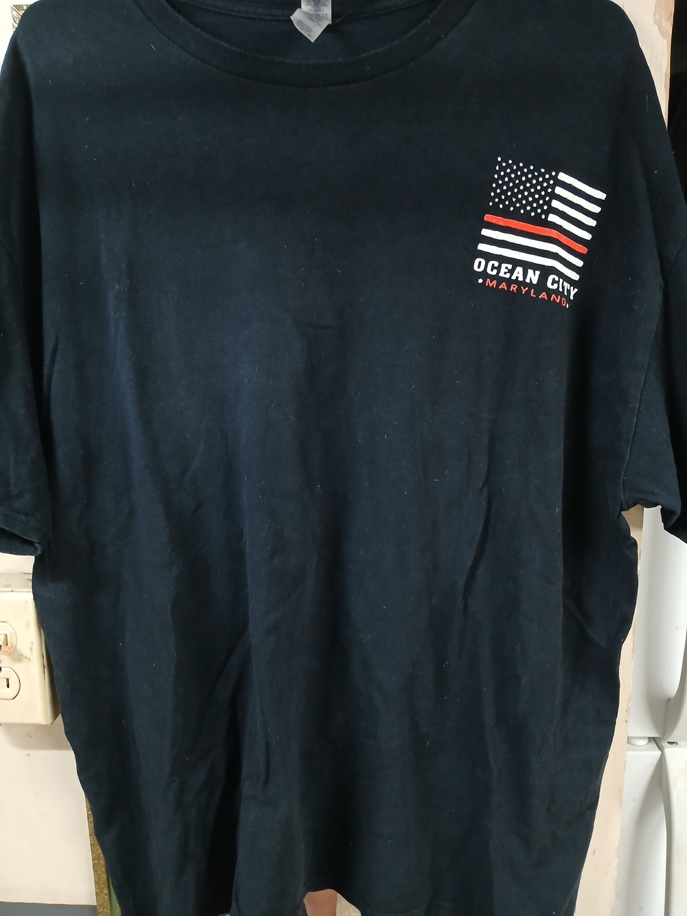 Gildan Black Short Sleeve Tee with White and Red Ocean City Flag Chest Graphic